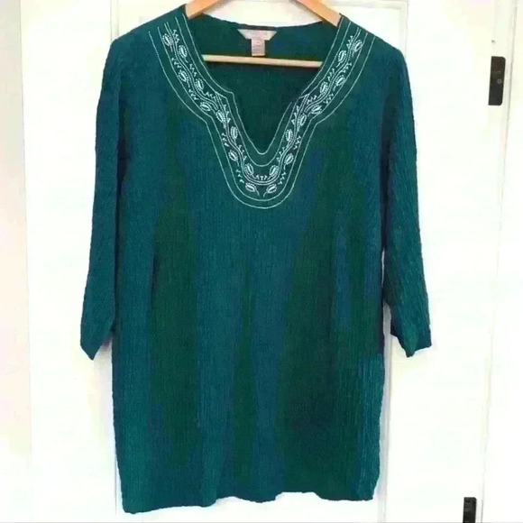 WHITE STAG  | Women's Teak/White Boho Crinkled 3/4 Length Sleeved Top - Picture 1 of 5
